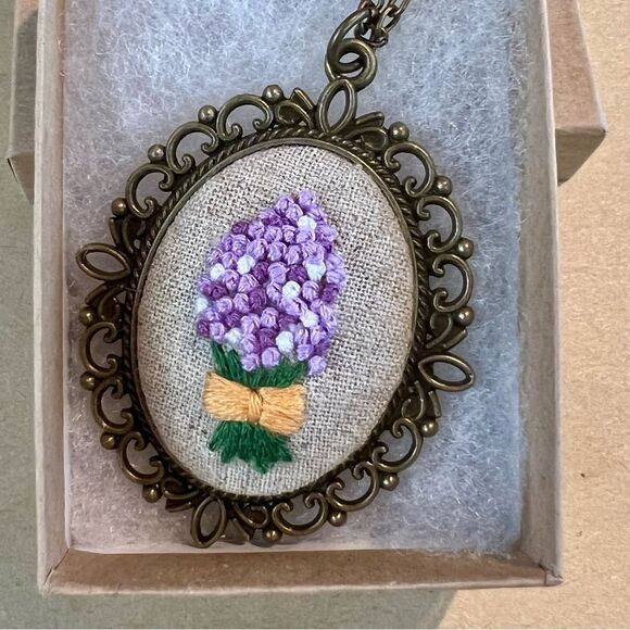 Handmade Jewelry - Embroidered Floral Pendant Necklace - handmade